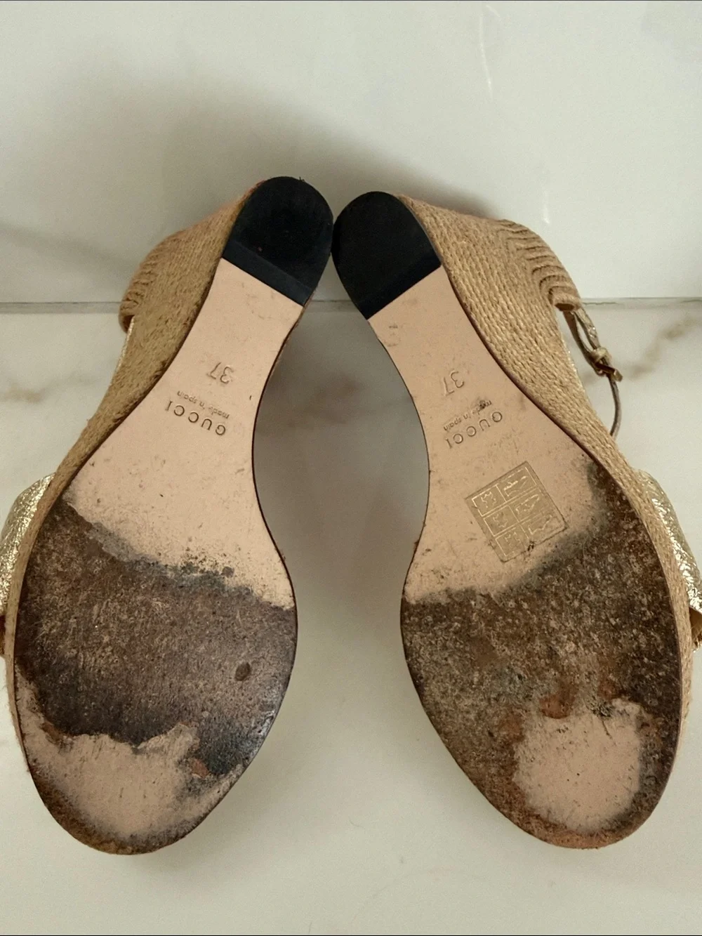 Gucci Gold Metallic Wedge horsebit Sandals- Sz 37/7
